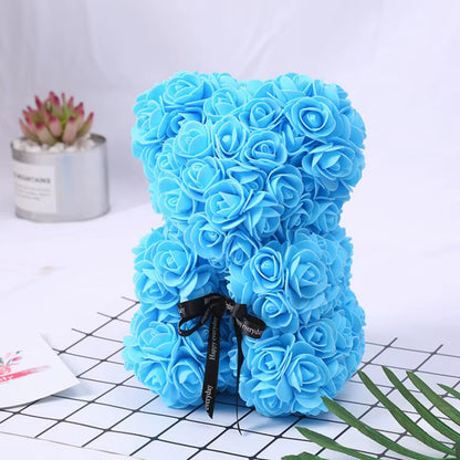 Rose Bear Flower Bear with Clear Box Rose Bear Gifts for Mother Hand Made Artificial Flowers Birthday for Valentine'S Day Party