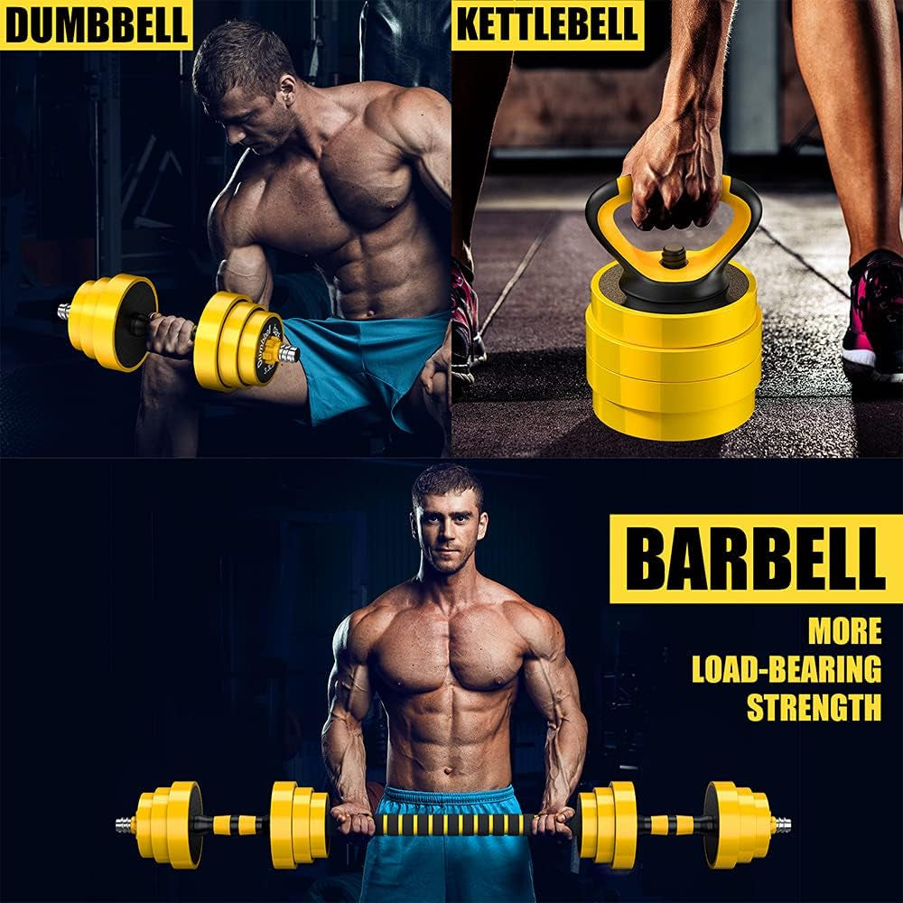 55Lbs Adjustable Dumbbell Barbell Kettlebell, Free Weights 3-In-1 Dumbbell Barbell Kettlebell Set, Non-Slip Hand Dumbbell for Home, Gym, Office