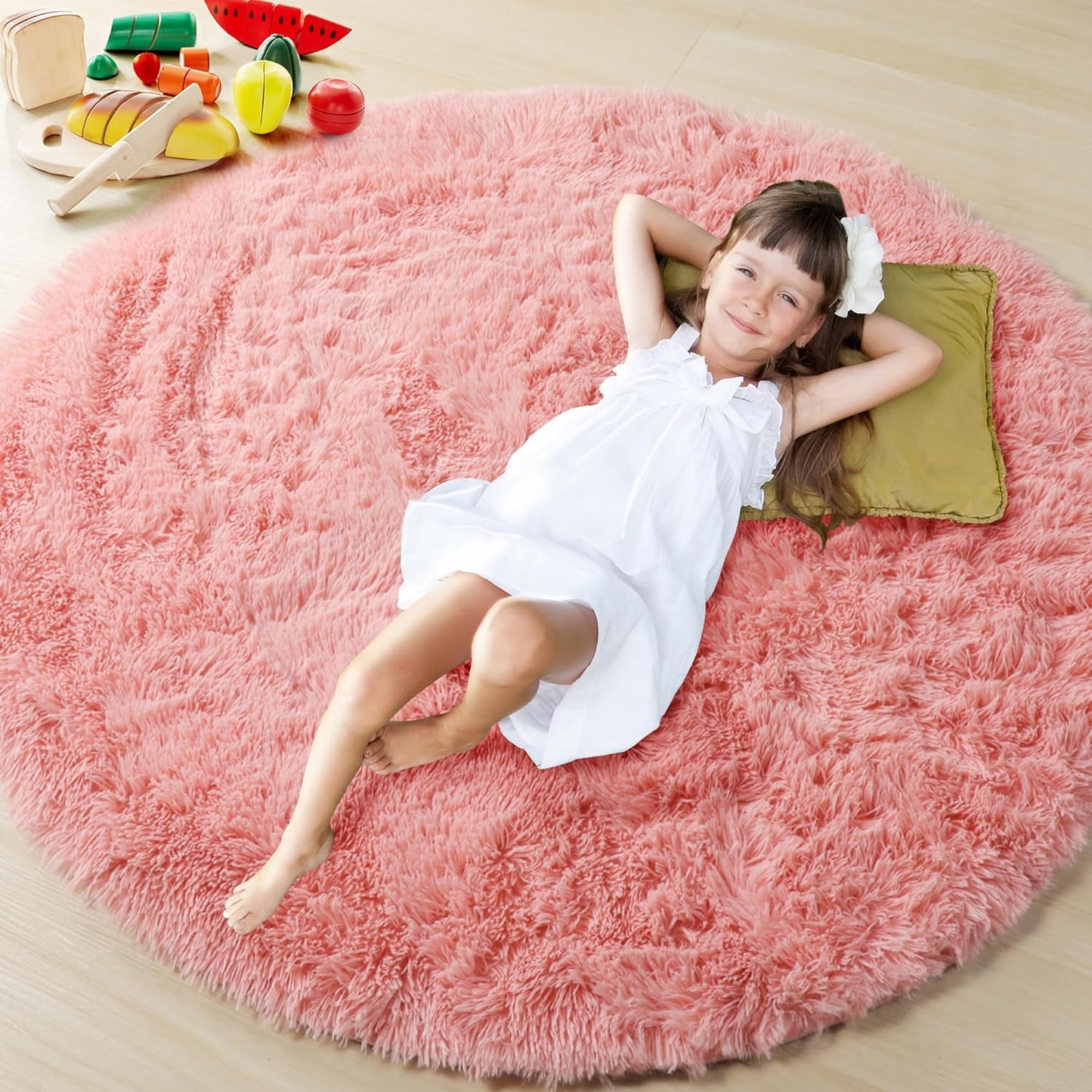 Baby Pink round Area Rug 6Ft, Soft Bedroom Circle Rugs Floor Mats for Kids Girls Teen Room, Kawaii Fluffy Plush Shaggy Carpet for Nursery Living Room Playroom Home Decor Princess Castle